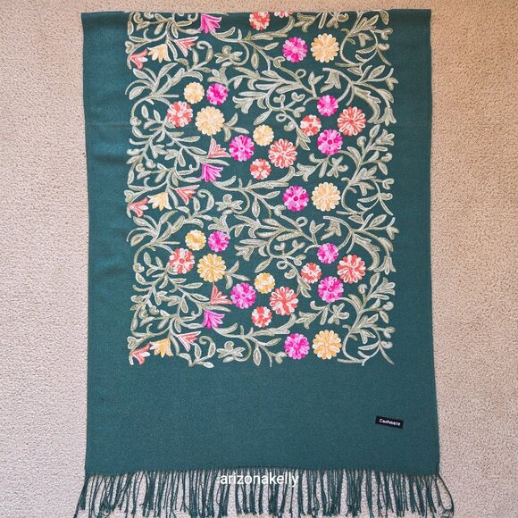 Accessories - Green "Cashmere" Scarf with Chain Stitch Embroidery Flowers and Leaves